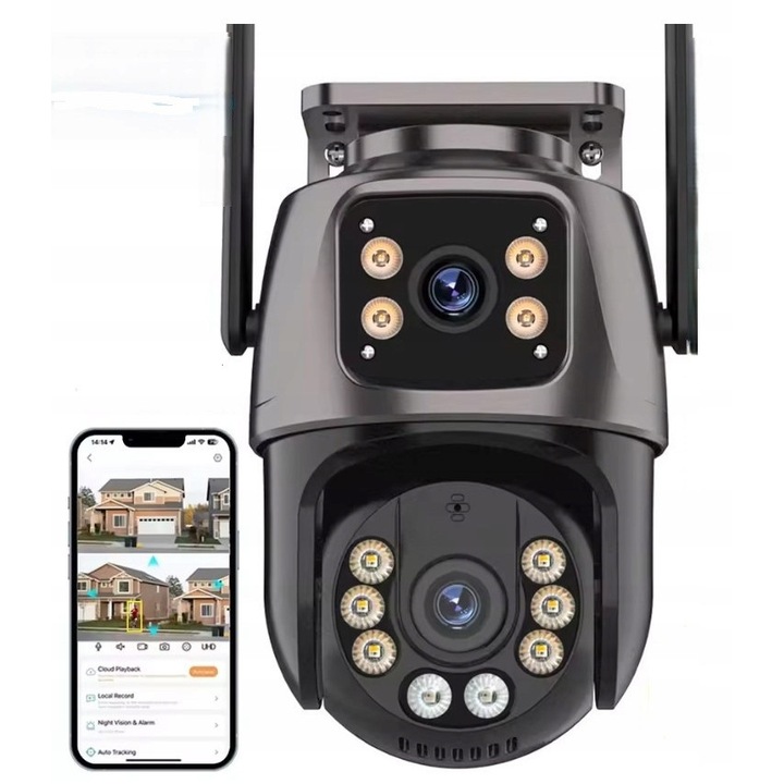 Външна IP WiFi камера 4K, 8MP, двоен обектив, детекция на движение, черна, пълен комплект