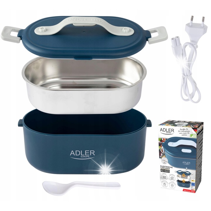 Adler elektromos ételhordó, 800ml, rozsdamentes acél, kék, elválasztóval és kanállal