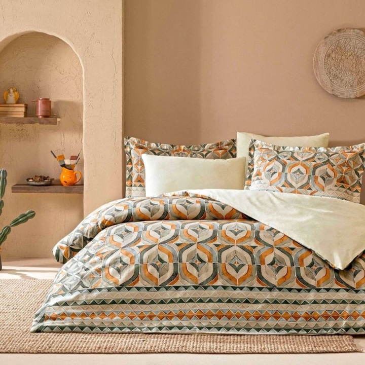 Спално бельо за двойно легло, 100% памучен сатен, с дигитален принт, 6 части, 240x260 см, Tac Delux Digital, Fresnel geometric