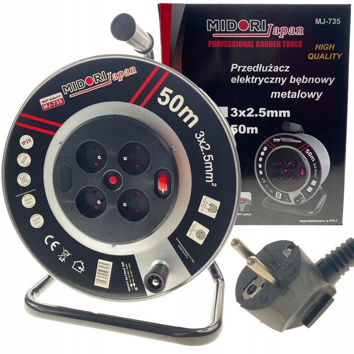 Удължител на макара 50м 3x2.5мм със заземяване, комплект 4 контакта, черен