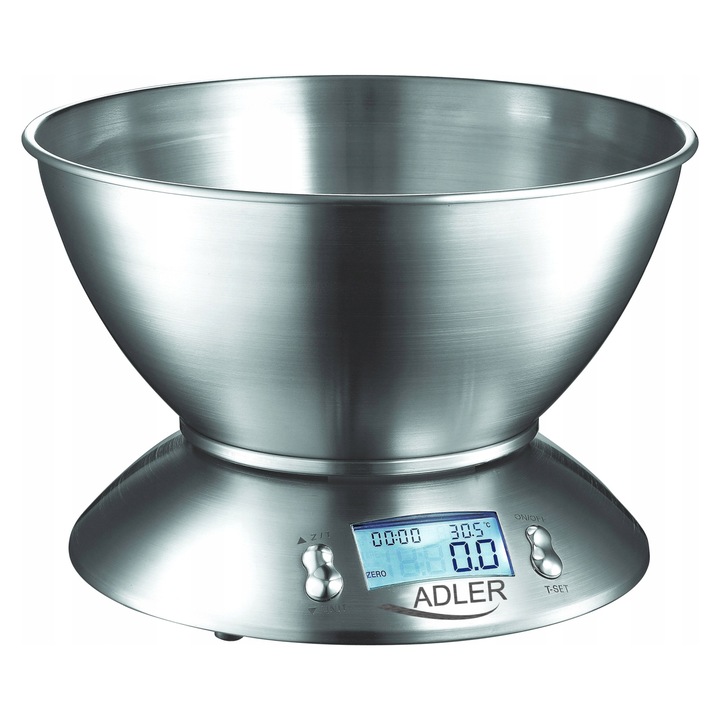Cantar de bucatarie ADLER AD 3134, otel inoxidabil, capacitate 5 kg, precizie 1 g, argintiu, bol 2 L