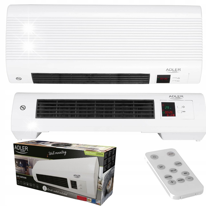 Aeroterma AVEDNIO 2200W, 2 fűtési fokozat, automata hőmérséklet szabályozás, fehér, 535x218x130mm, távirányítóval