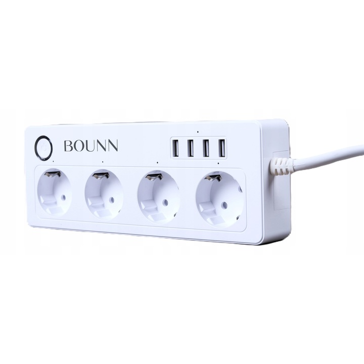 Prelungitor inteligent WiFi Bounn, 4 gniazda, 4x USB, alb, 29,5x8,5x9,5cm