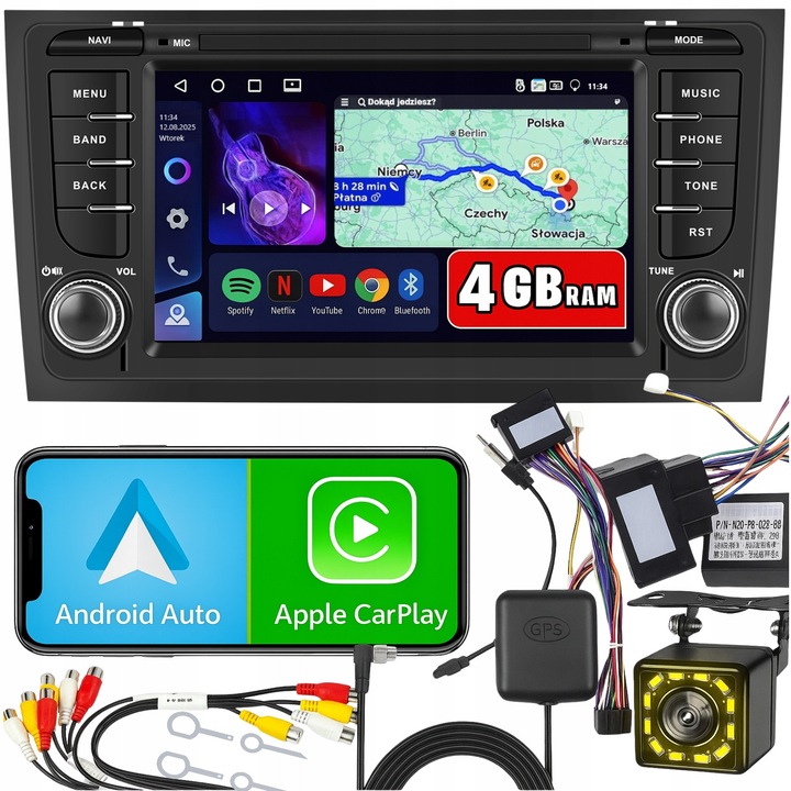 Автомобилно радио 2 DIN ALLNOEL Android 15, 7'' стъклен тъчскрийн, 4GB RAM/64GB ROM, безжичен Apple CarPlay и Android Auto, GPS, WiFi, с камера за задно виждане с 12 LED, съвместимо с Audi A6/S6/RS6 1997-2006, Черно