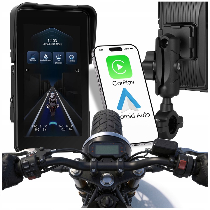 Мултимедийна станция за мотоциклет ALLNOEL, 5" таблет с безжичен Apple CarPlay/Android Auto и Bluetooth 5.0, IP68, Черен
