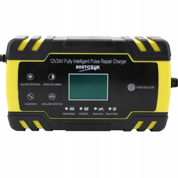 Anhtczyx autóakkumulátor töltő, 12V/24V 8A, javító funkcióval, sárga/fekete, mérete 16x10x5.5cm