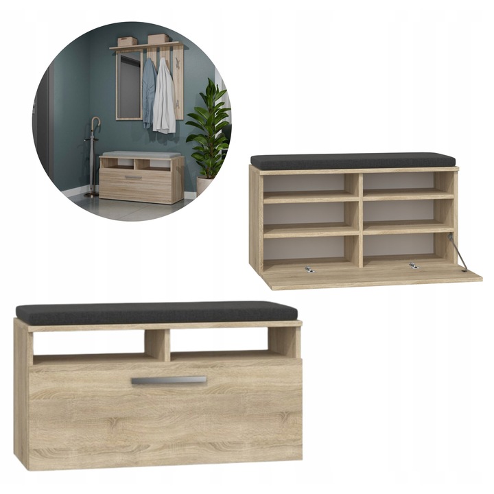 Riva cipőtároló pad, 6 polcos, ülőpárnával, sonoma tölgy színű, 85x35x46cm