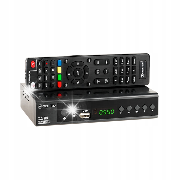 Тунер DVB-T2 DVB-C Hevc H.265, Cabletech, 7 бутона, метален, 168x108x36 мм, комплект с дистанционно управление и инструкции PL