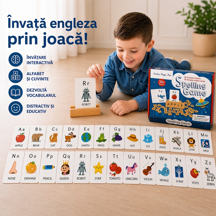 Set Alfabet Montessori cu litere din lemn Arelair Magic Box®, joc educativ pentru invatarea limbii engleze, ortografie si vocabular, carduri ilustrate fata-verso, copii +3 ani, cadou educativ