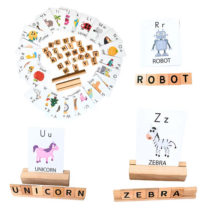 Set Alfabet Montessori cu litere din lemn Arelair Magic Box®, joc educativ pentru invatarea limbii engleze, ortografie si vocabular, carduri ilustrate fata-verso, copii +3 ani, cadou educativ