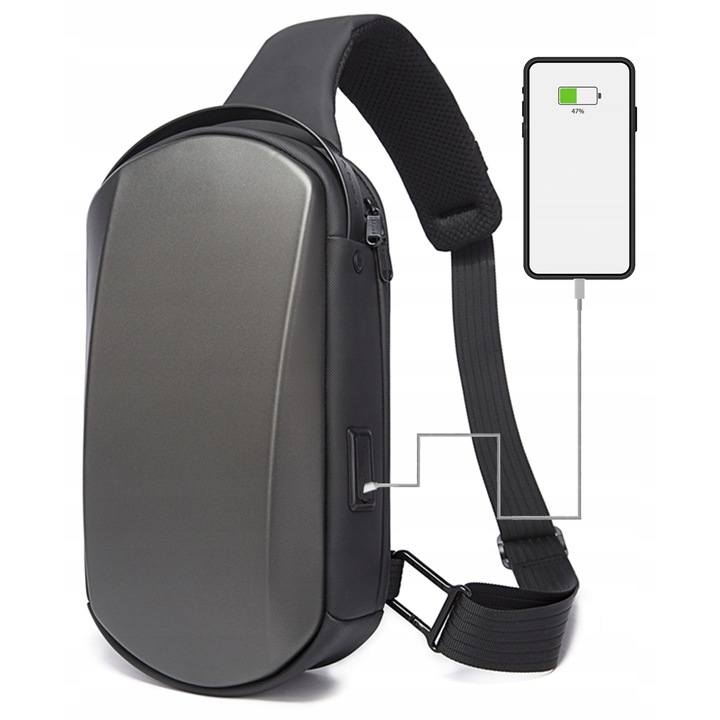 Rucsac urban Bange, egyvállas, szürke, 31x17x9cm, rendszerezővel és USB porttal