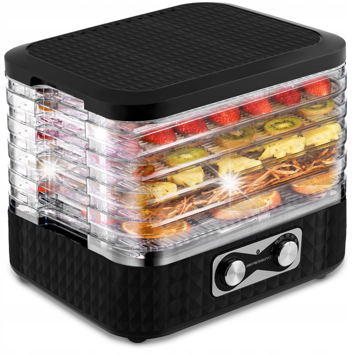 Deshidrator Berdsen pentru grasimi, fructe si legume, 5 tavi, capacitate 10L, temperatura reglabila 35-70C, 26x33x22cm