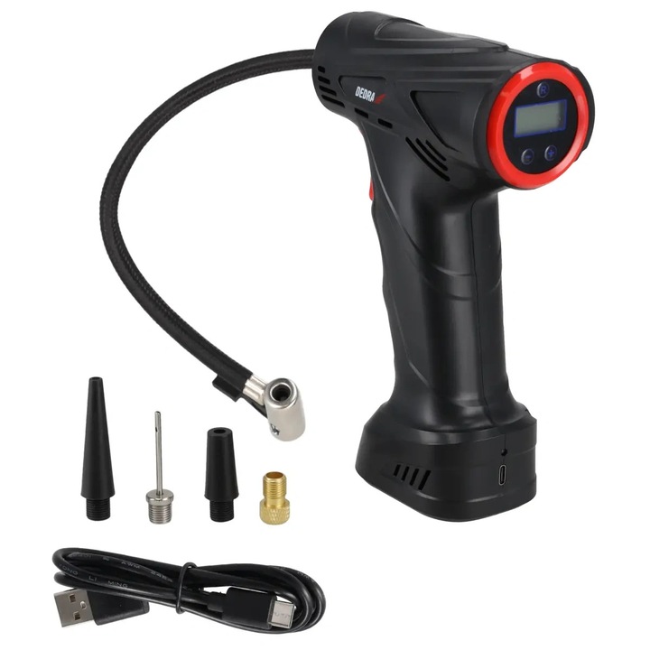Compresor, pompa aer cu acumulator, incarcare USB-C, max. 10.3 bari, setare presiune, afisaj LCD, adaptori bicicleta, minge, baloane, Dedra