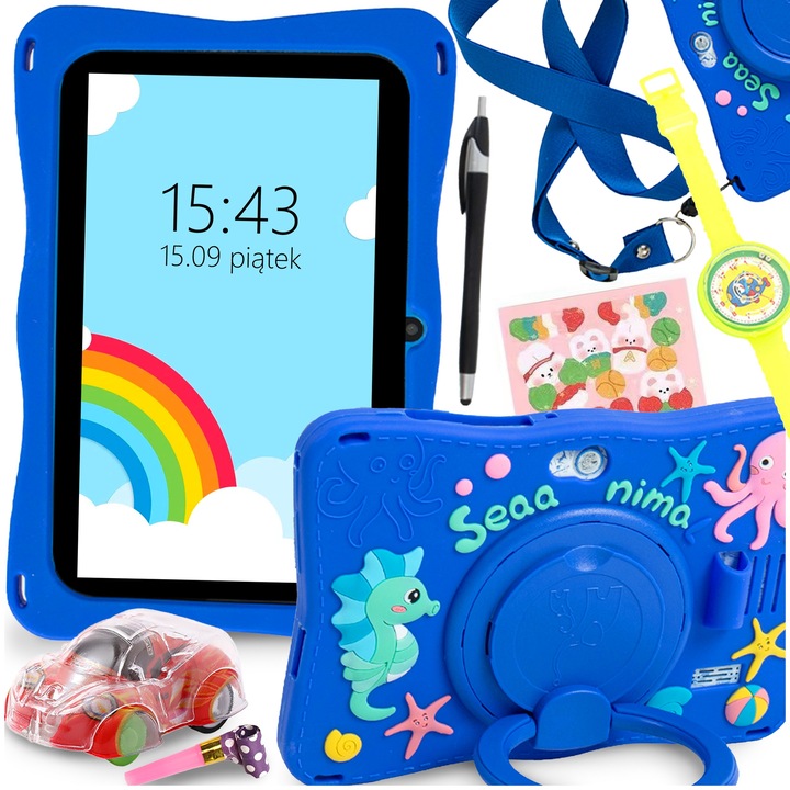 Tablet pentru copii ALLNOEL Q88H, 7", 64GB, Wi-Fi, Bluetooth, albastru roz, set complet