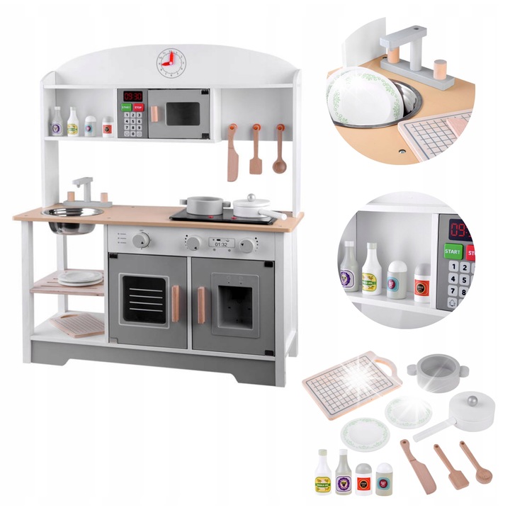 Fából készült konyha gyerekeknek, fehér-szürke, kiegészítőkkel