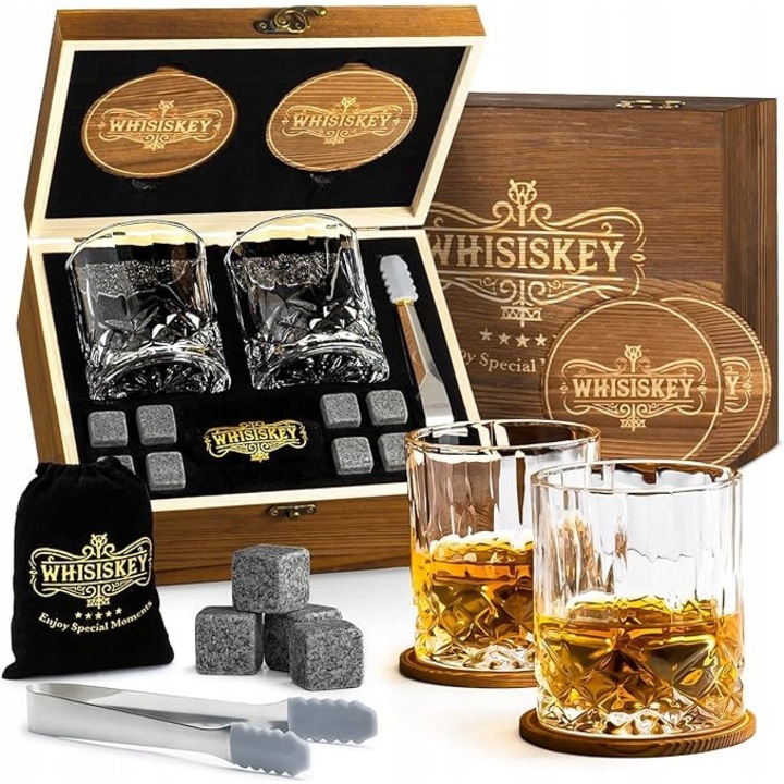 Set cadou pentru whisky, 2 pahare 250 ml, 8 pietre de whisky, cutie de lemn