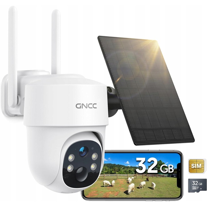 Камера за наблюдение GNCC 4G LTE, 2K, нощно виждане, аларма, комплект със SIM и Micro SD карта