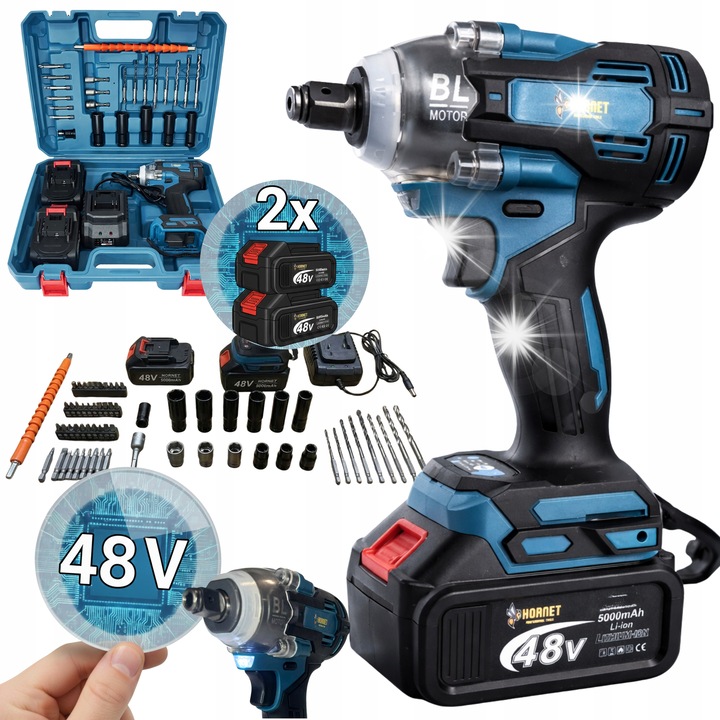 Акумулаторен ударен гайковерт HORNET 650Nm, 48V, 2 Li-ion батерии, комплект аксесоари, LED