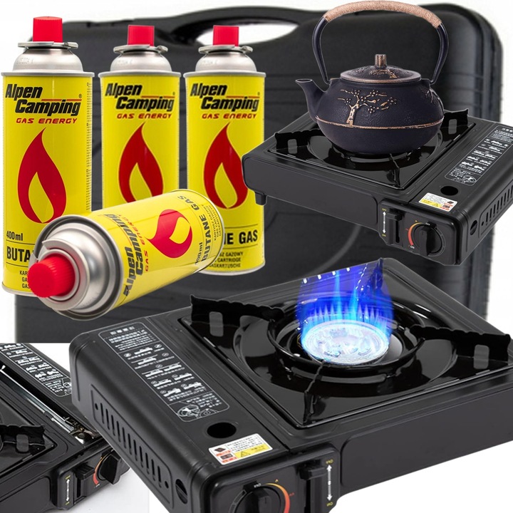 Arzator camping portabil, 2500W, 34x25x8,5cm, set 4 cartuse gaz, valiza inclusa