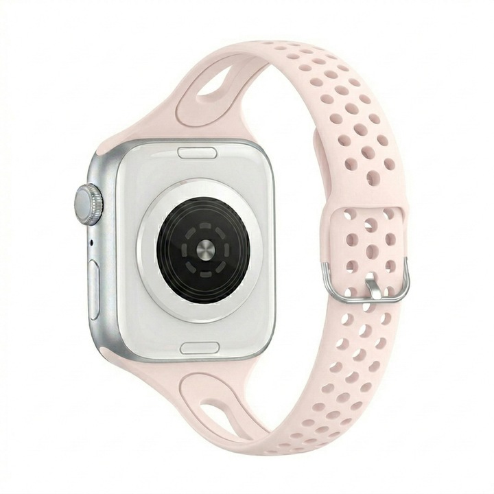 Szilikon szíj kompatibilis Apple Watch 4 5 6 7 8 9 10 11 SE 44 / 45 / 46 / 49mm – perforált, állítható, ezüst fém csat, rózsaszín