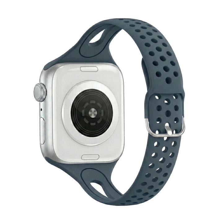 Szilikon szíj Apple Watch 4 5 6 7 8 9 10 11 38/40/41/42 mm-hez – perforált, állítható, ezüst fém csat, pala