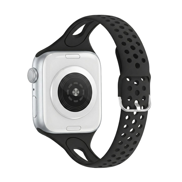 Szilikon szíj Apple Watch 4 5 6 7 8 9 10 11 SE 44 / 45 / 46 / 49 mm – perforált, állítható, ezüst fém csat, fekete