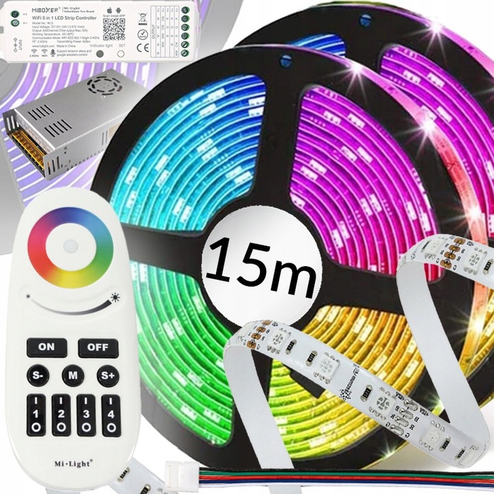Banda LED RGB 15m, Decorya, SMD 5050, set cu alimentator si telecomanda, autoadeziva, 12V