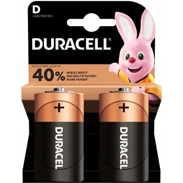 Baterie alcalina Duracell D/LR20 1,5V, set 2 bucati, 22x60,5mm