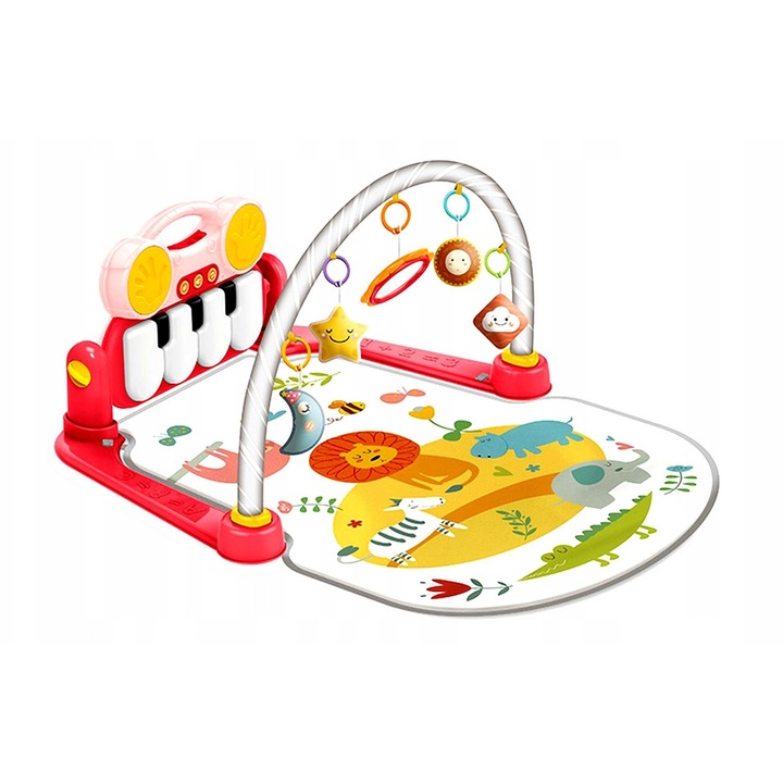 Covoras educativ pentru bebelusi Bounn, cu pian Bluetooth, 5 jucarii senzoriale, multicolor, 84x65x44cm