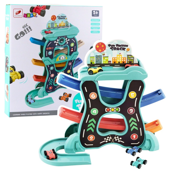 Set educational pista masini LEAN Toys, 7 masinute, dimensiuni 33x9x38cm, colorat
