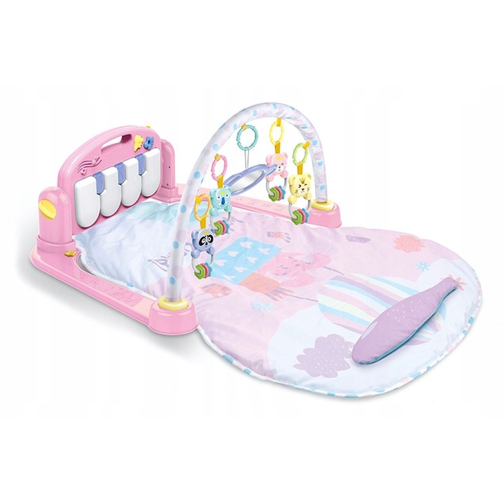 Covoras interactiv pentru bebelusi Bounn, roz, 93x76x41 cm, set cu pian si jucarii suspendate