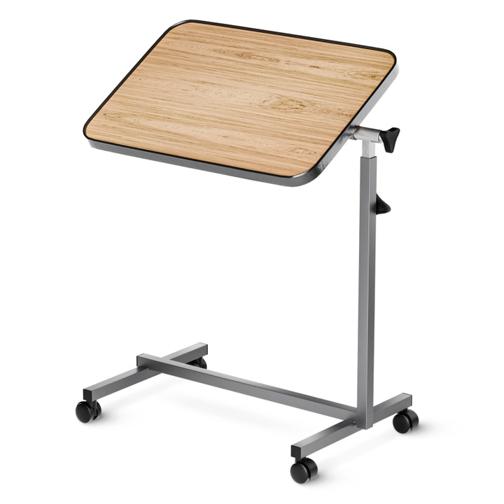 Masuta pentru servire la pat,, 4FIZJO, MED, cu reglare manuala a inaltimii 70–105 cm, blat rotativ aproximativ 360, cadru metalic cu 4 roti si frane, masa auxiliara pentru pacient sau senior, suporta pana la 10 kg, 60 x 40 cm, stejar deschis