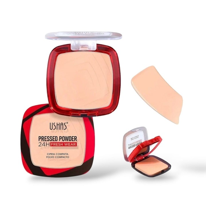 Pudra Compacta USHAS 24H Fresh Wear, Matifianta, Fixare Machiaj, Rezistenta 24h, Acoperire Naturala, Pentru Ten Gras si Mixt, cu Burete si Oglinda, Bej deschis cald 05