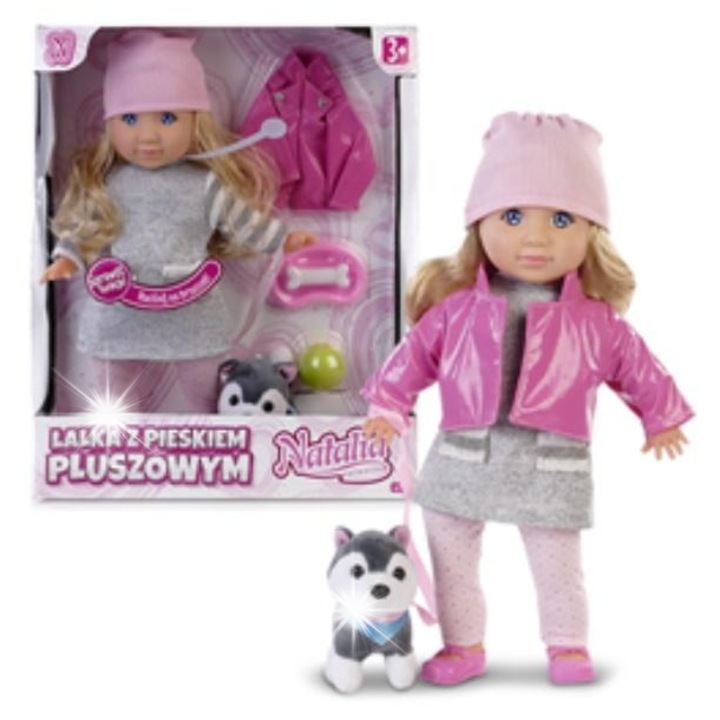 Interaktív baba Artyk Natalia kutyával, 35cm, rózsaszín, teljes készlet