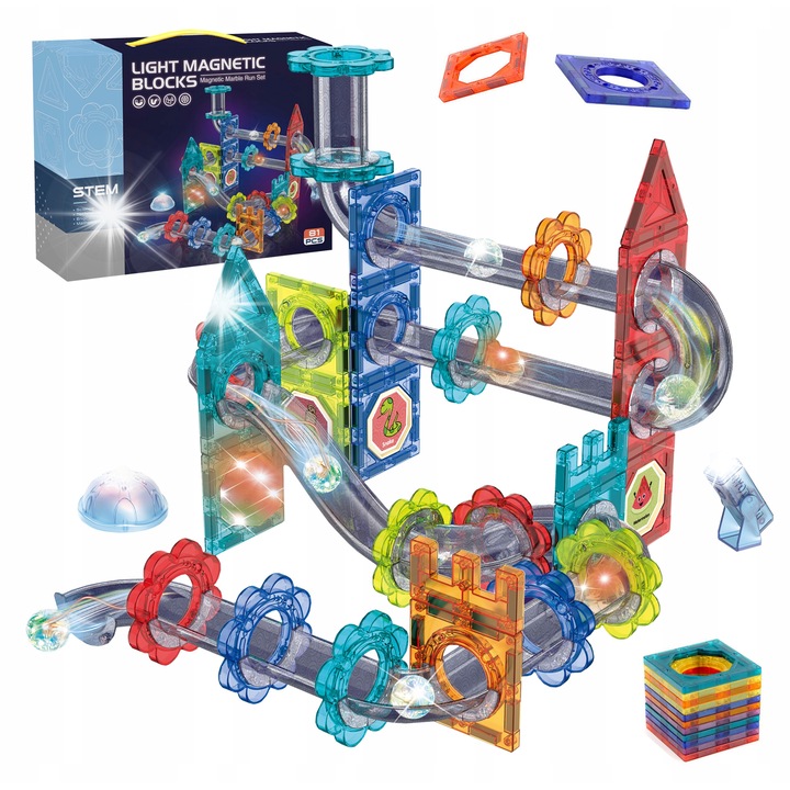 Комплект за изграждане с магнитни блокове click4TOYS, 81 елемента, кула със светещи топки, многоцветен