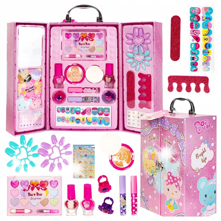 Козметичен куфар за деца, click4TOYS, голям комплект с 10 нюанса сенки, 5 гланца, розов, 26x17x11см