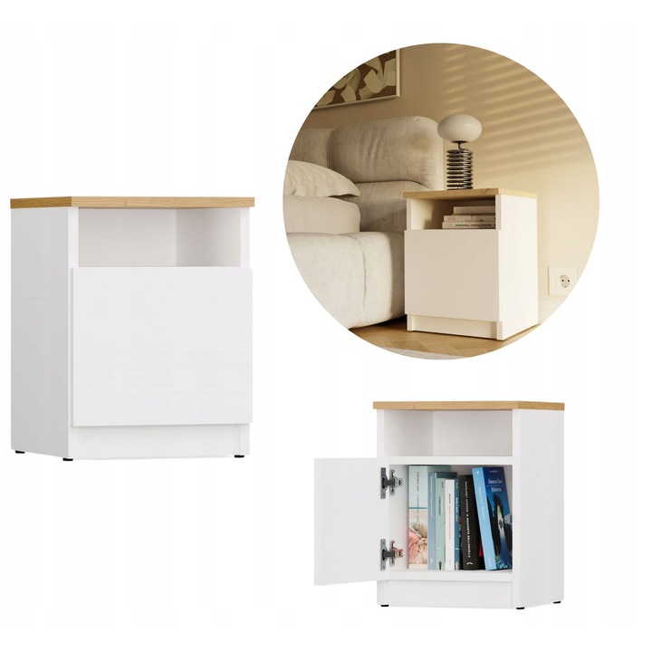 Noptiere GALAX, 1D, alb, stejar artisan, 30x30x40cm