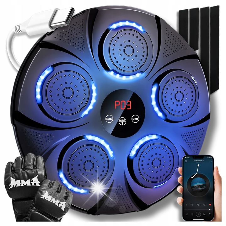 Interaktív boksz céltábla Bluetooth-szal, 9 edzésmód, LED világítás, kesztyűkészlettel, 440x440x50mm, fekete