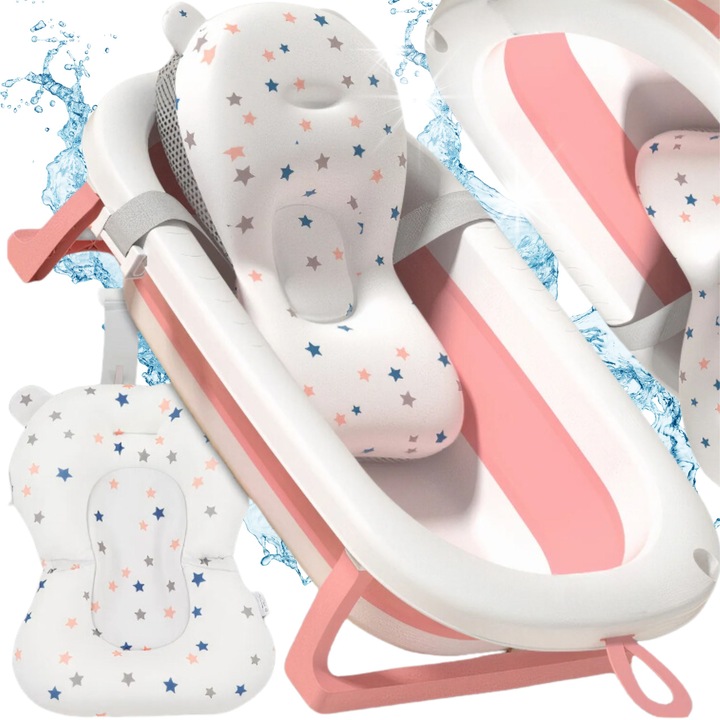 Сгъваема вана за бебета, бяло-розова, 85x47x21,5 см, с мека, неплъзгаща се опора