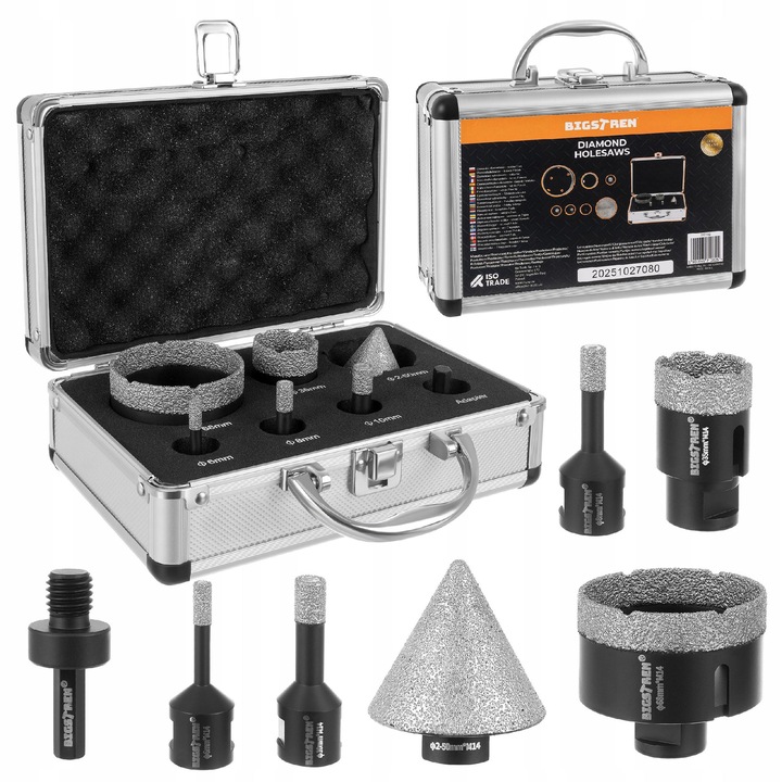Bigstren 7 db-os gyémánt lyukfűrész készlet, 6-68mm, fémhez, betonhoz, csempefúráshoz, kerámiához, fekete