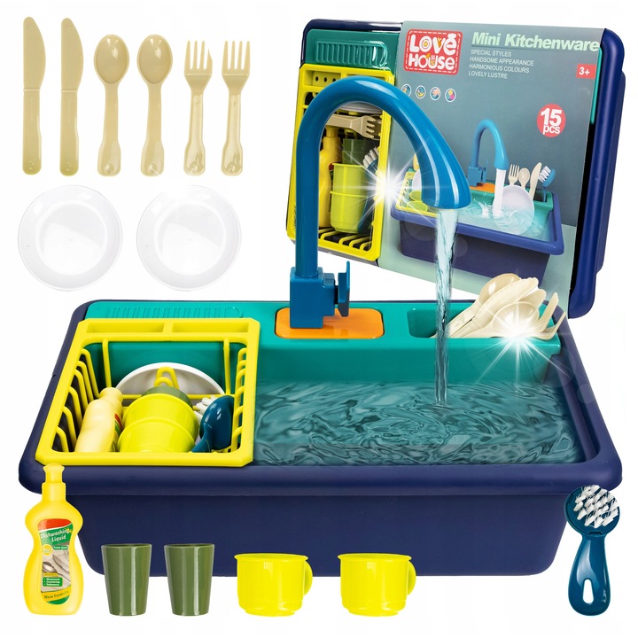 Комплект детска кухня, click4TOYS, мивка с кран, съдове, прибори, многоцветен, 39x26.5x30cm