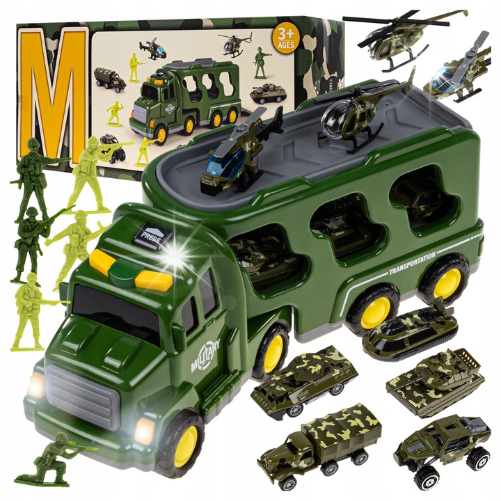 Военен комплект с голям транспортер, 7 превозни средства, 6 войници, click4TOYS, 34x10,5x14см