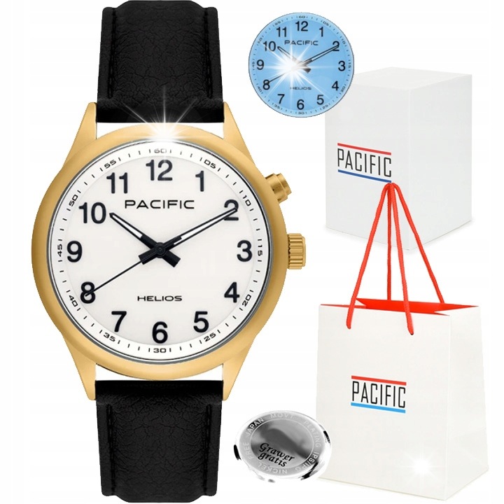 Ceas de dama Pacific HMA-0002-05, mecanism quartz, curea din piele, culoare alba, dimensiuni 42x42x10.8mm, set cu cutie de prezent.