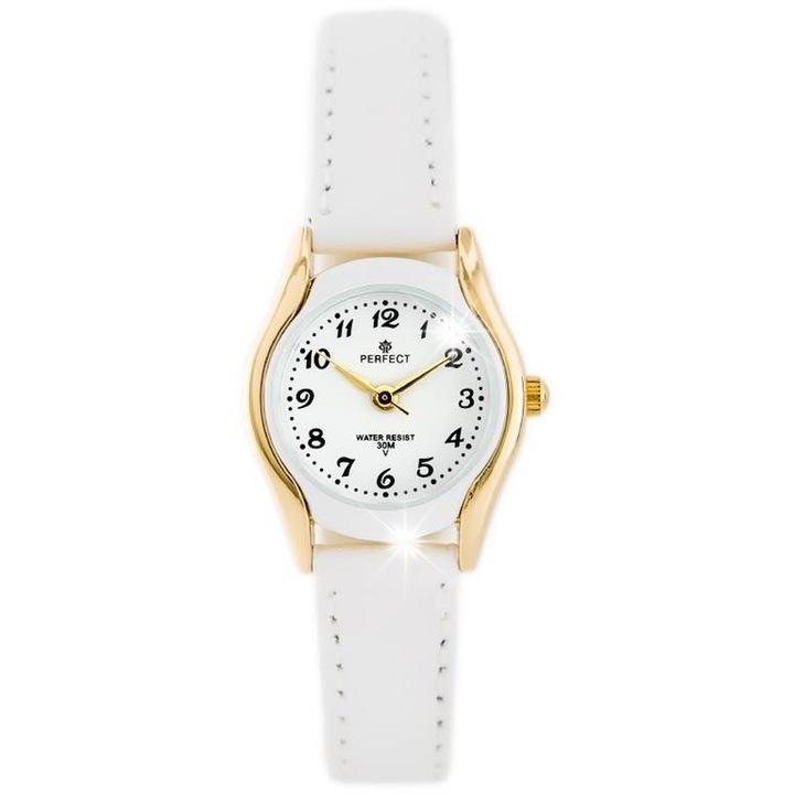 Детски часовник Perfect ZP800, бял със златни детайли, кожена каишка, 24x24мм