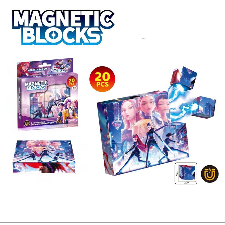 Jucarie cuburi magnetice set 20 Piese 2x2 cm, 6 Imagini Diferite, Puzzle de constructie 3D Magnetic, Multicolor K-Pop Demon Hunters