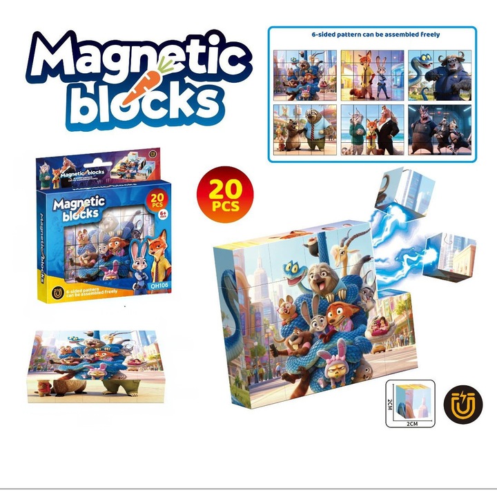 Cuburi magnetice set 20 piese 2x2 cm, 6 Imagini Diferite, Puzzle de constructie 3D Magnetic, Multicolor Zootopia
