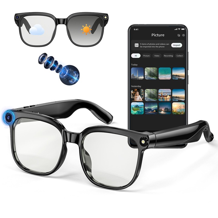 Ochelari inteligenti AI, Mingtawn, difuzoare dubla, asistent de limba AI, inregistrare in timp real, traducere in timp real, redare de muzica, telecomanda pentru fotografii, inregistrare video HD, camera, apeluri Bluetooth, Ochelari de soare