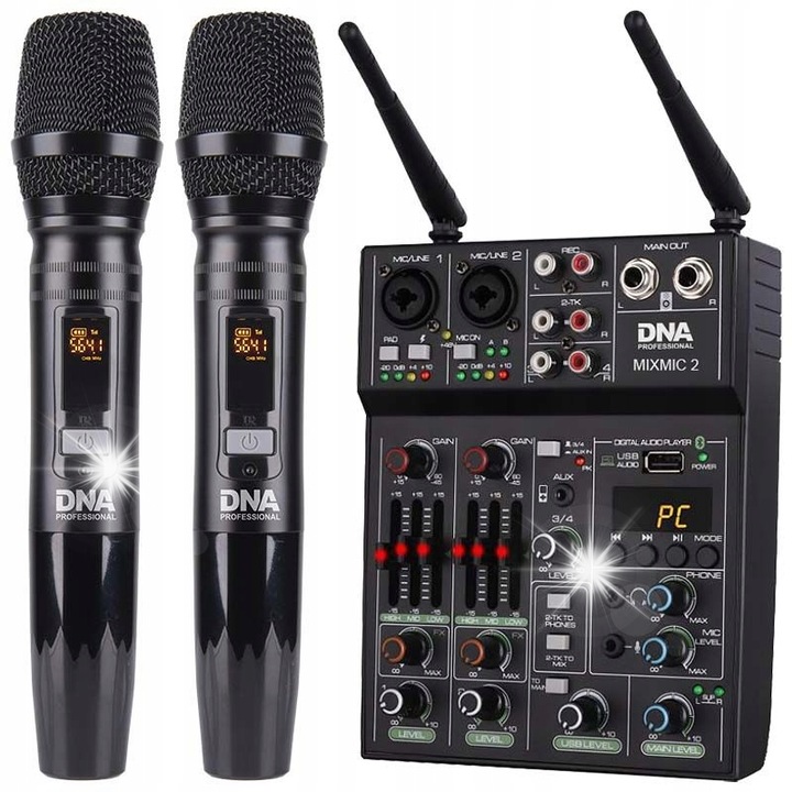 Аудио миксер DNA MIXMIC 2, 5 канала, Bluetooth, 2 безжични микрофона, черен, 14.3x18.3x5.6cm