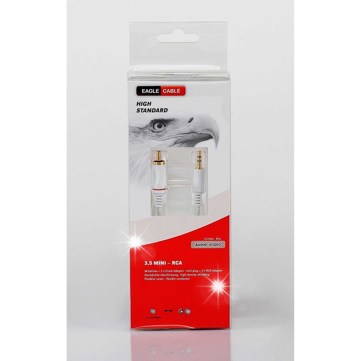 Кабел Mini Jack 3,5 мм - 2xRCA, 0,8 м, бял