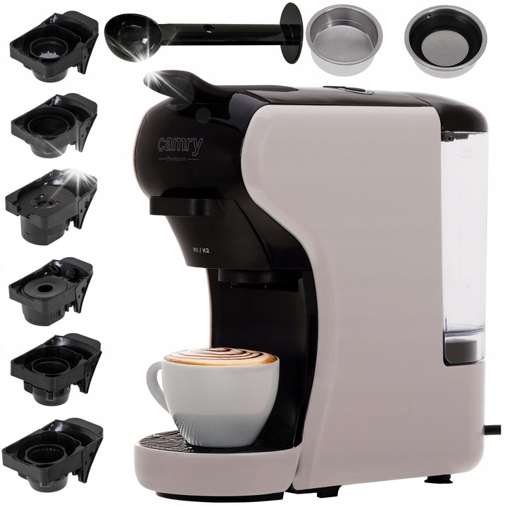Espressor pe capsule 11 in 1 Camry, compatibil cu Nespresso, Dolce Gusto, Tchibo, Caffisimo, ESE, cafea macinata, 19 bar, 26,5x25,5x9,7cm